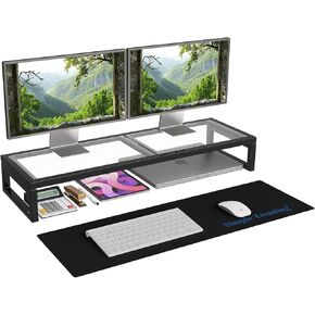 Simple Trending Dual Monitor Stand Riser, Glass Metal Computer Desk Organizer with Mouse Pad and Reusable Cable Ties for Laptop, iMac, Black