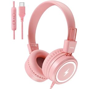Kid Headphones for School, USB Type C Kids Headphone with LED Lights, Wired Boys Girls Headphones with Safe Limiter 85dB/94dB, Foldable On Ear Headphones with Microphones for School/iPad