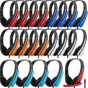 20 Pack Bulk Classroom Headphones with Microphone Students Kids Wired Headphones School Class Set Headphones for School Library Computer Office Meeting Adults 3.5 Jack Universal Plug (Multicolor)