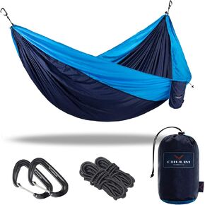 Double Camping Hammock with 9ft Hammock Straps & 12kn Aluminum Wiregate Carabiner Lightweight Portable Hammock Parachute Nylon Hammock for Outdoor Camping Travel Beach
