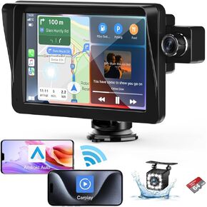 شاشة Apple Carplay مقاس 9 بوصات للسيارة، شاشة لمس Apple Car Play لاسلكية مع Android Auto، ستيريو السيارة، كاميرا أمامية 2.5K، كاميرا احتياطية 1080 بكسل، ملاح GPS/بلوتوث/وصلة مرآة/Siri/Aux/FM