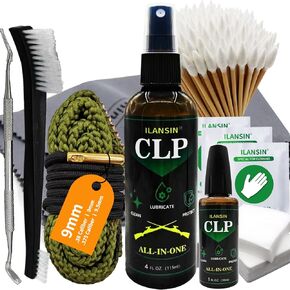 9mm Bore Cleaner & 5oz CLP Oil Gun Cleaning Kit with Gun Snake .38 .375 9.5mm, Needle+Spray,Gun Cleaning Supplies with Gun Cleaning Patches,6'' Gun Cleaning Swabs, Gun Brushes, Cleaning Picks