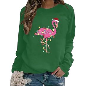 BOMYTAO Merry Christmas Flamingo Sweatshirt for Women Christmas Lights Pullovers Xmas Holiday Lightweight Shirts Blouses
