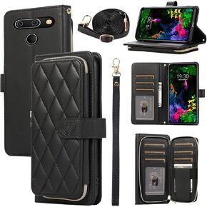 Argyle Wallet Case for LG G8 ThinQ with Wrist Strap Shoulder Strap, 9+ Card Slots Zipper Purse Luxury PU Leather Stand Cell Phone Cover for LGG8 Thin Q G 8 LG8 G8thinq LGG8thinq 8G Deep Purple