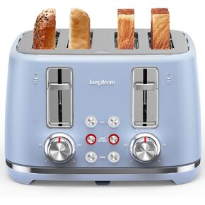 Toaster 4-Slice, Retro-Styled Stainless Steel, Wide Slot Bagel Toaster, Dual Independent Controls, Removable Crumb Tray, Easy to Clean, 6 Shade Settings, Reheat & Defrost, Blue
