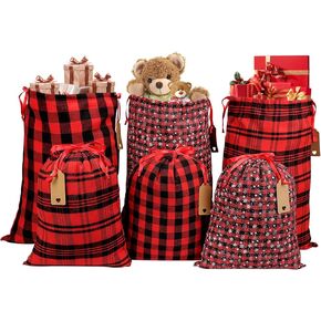 JOINDO 9 pcs Christmas Gift Bags, Reusable Gift Bags Assorted Sizes with Drawstring, Fabric holiday Gift Bags with Name Tags (Red, Green)