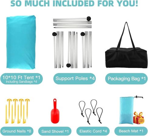 خيمة الشاطئ، مأوى للشمس بعامل حماية من الأشعة فوق البنفسجية 50+، مظلة ظل للشاطئ العائلية مقاس 10 × 10 قدم مع 4 أعمدة من الألومنيوم، وبطانية الشاطئ، وحقيبة حمل ومجرفة رملية، خيمة منبثقة خارجية لرحلات التخييم على الشاطئ، باللون الفيروزي in Kuwait