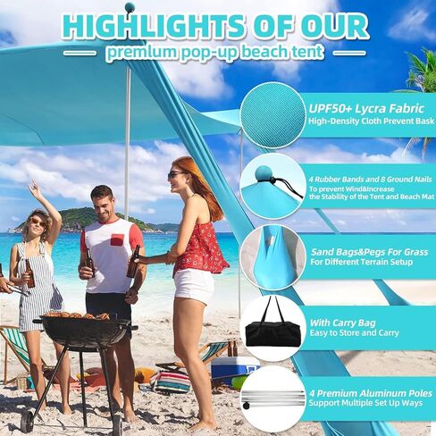خيمة الشاطئ، مأوى للشمس بعامل حماية من الأشعة فوق البنفسجية 50+، مظلة ظل للشاطئ العائلية مقاس 10 × 10 قدم مع 4 أعمدة من الألومنيوم، وبطانية الشاطئ، وحقيبة حمل ومجرفة رملية، خيمة منبثقة خارجية لرحلات التخييم على الشاطئ، باللون الفيروزي in Kuwait