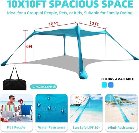 خيمة الشاطئ، مأوى للشمس بعامل حماية من الأشعة فوق البنفسجية 50+، مظلة ظل للشاطئ العائلية مقاس 10 × 10 قدم مع 4 أعمدة من الألومنيوم، وبطانية الشاطئ، وحقيبة حمل ومجرفة رملية، خيمة منبثقة خارجية لرحلات التخييم على الشاطئ، باللون الفيروزي in Kuwait