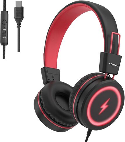Kid Headphones for School, USB Type C Kids Headphone with LED Lights, Wired Boys Girls Headphones with Safe Limiter 85dB/94dB, Foldable On Ear Headphones with Microphones for Girls, Boys, iPad-Blue in Saudi Arabia