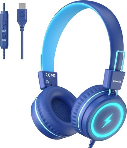 سماعات رأس للأطفال للمدرسة، سماعات رأس USB من النوع C للأطفال مع أضواء LED، سماعات رأس سلكية للأولاد والبنات مع محدد آمن 85 ديسيبل/94 ديسيبل، سماعات رأس قابلة للطي على الأذن مع ميكروفونات للمدرسة/جهاز iPad in Kuwait