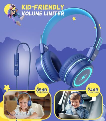 سماعات رأس للأطفال للمدرسة، سماعات رأس USB من النوع C للأطفال مع أضواء LED، سماعات رأس سلكية للأولاد والبنات مع محدد آمن 85 ديسيبل/94 ديسيبل، سماعات رأس قابلة للطي على الأذن مع ميكروفونات للمدرسة/جهاز iPad in Kuwait