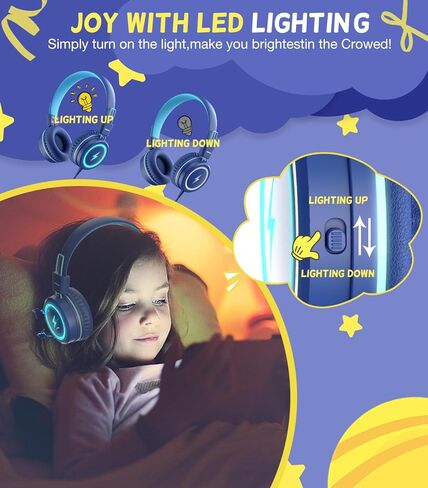 سماعات رأس للأطفال للمدرسة، سماعات رأس USB من النوع C للأطفال مع أضواء LED، سماعات رأس سلكية للأولاد والبنات مع محدد آمن 85 ديسيبل/94 ديسيبل، سماعات رأس قابلة للطي على الأذن مع ميكروفونات للمدرسة/جهاز iPad in Kuwait