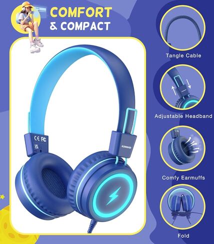 سماعات رأس للأطفال للمدرسة، سماعات رأس USB من النوع C للأطفال مع أضواء LED، سماعات رأس سلكية للأولاد والبنات مع محدد آمن 85 ديسيبل/94 ديسيبل، سماعات رأس قابلة للطي على الأذن مع ميكروفونات للمدرسة/جهاز iPad in Kuwait