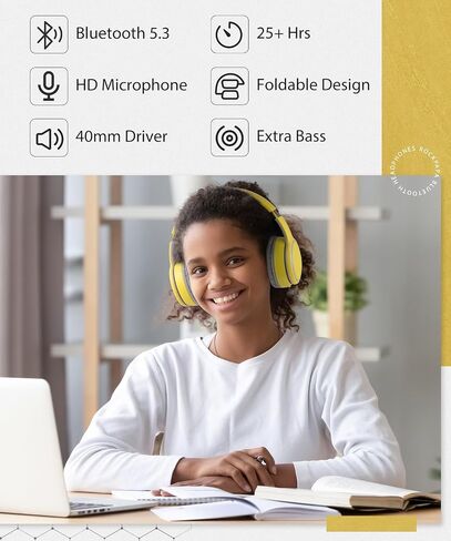 سماعات رأس بلوتوث Rockpapa E9 فوق الأذن للأطفال والأولاد والبنات البالغين، سماعات رأس سلكية/لاسلكية قابلة للطي مع ميكروفون للمدرسة والسفر والكمبيوتر اللوحي والتلفزيون، تتضمن حافظة، رمادي أصفر in Kuwait