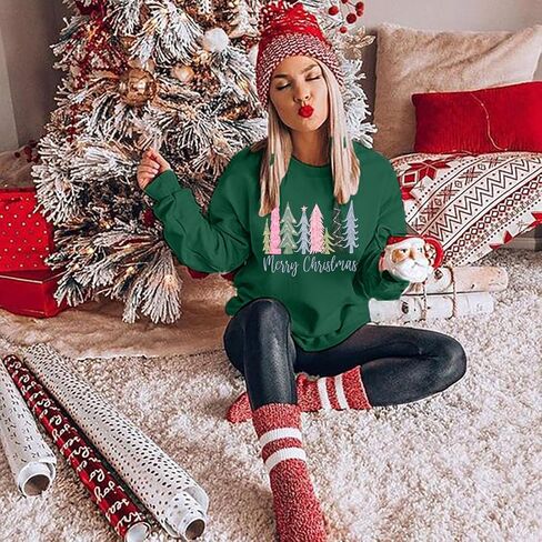 DUTUT بلوزات عيد الميلاد للنساء: حلوى الزنجبيل المطرزة البلوز خمر Crewneck البلوفرات المتضخم in Kuwait