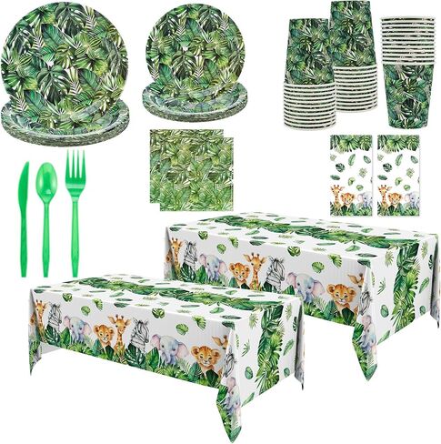 Oudain 324 Pcs Jungle Safari Party Decorations Tableware Animal Jungle Theme Party Supplies Includes Tablecloth Plates Napkins Cups Forks Knives Spoons For Baby Shower Birthday Party (Animal) in Saudi Arabia