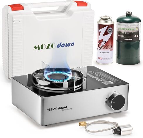 Dual Fuel Camp Stove, 12000 BTU Portable Propane/Butane Stove with Case, Adapter Hose, Wind Guard, Single Burner Propane Stove for Home Kitchen, Camping, Picnics, Hiking (Silver White) in Saudi Arabia