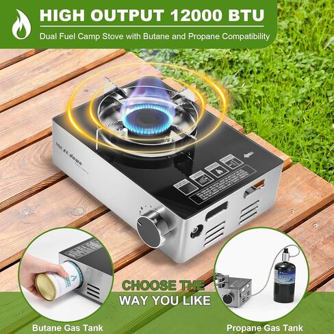 Dual Fuel Camp Stove, 12000 BTU Portable Propane/Butane Stove with Case, Adapter Hose, Wind Guard, Single Burner Propane Stove for Home Kitchen, Camping, Picnics, Hiking (Silver White) in Saudi Arabia