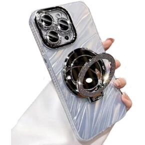 for iPhone 16 Pro Max Case with Mirror Kickstand [Compatible with Magsafe] Luxury Glitter Water Ripple Design [Full Camera Protection] Bling Girly Phone Case for iPhone 16 Pro Max for Women White