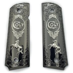 1911 Grips Full-Size Metal Grips Panels Black with Nickel Colt Rampant & Clones