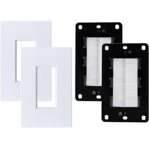 Set of 2 Brush Wall Plate Cable Pass through with Brackets - Screw less In Wall Cable Management Kit - Snap-on Single Gang Wall Cover Plate for Low Voltage Cables - TV Cord Hider for Wall Mounted TV