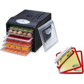 Samson "Silent" Dehydrator 6-Tray with Plastic Trays - Digital Timer and Temperature Control for Fruit, Vegetables, Beef Jerky, Herbs, Dog Treats, Fruit Leathers and More PLUS 6 Silicone Drying Sheets