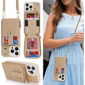 for iPhone 13 Pro Max Case with Card Holder for Women,for iPhone 13 Pro Max Crsosbody Case with Strap Lanyard,12 Pro Max Wallet Case,Zipper Stand Ring Phone Case with Coin Pocket-Beige