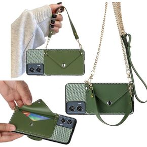 For Motorola Moto G Stylus 5G 2024 Phone Case, Wallet Back Case for Moto G Stylus 5G 2024 Card Holder, Corner Protective Crossbody Detachable Gold Chain | PU Learher Wrist Strap Lanyard -Green