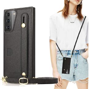 Samsung Galaxy S21 Wallet Case,CCSmall Removable Adjustable Leather Strap Crossbody Card Holders Case Neck Strap Lanyard Purse Shoulder Strap w/Kickstand Purse Case for Samsung Galaxy S21 5G KB Black