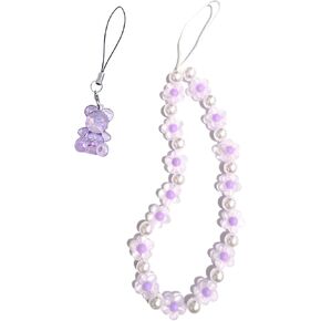 Meefisher 2 PCS Purple Bear Flower Beaded Mobile Phone Charms Lanyard Aesthetic Sweet Cute Phone Wrist Strap Anti-Lost Chain for Women