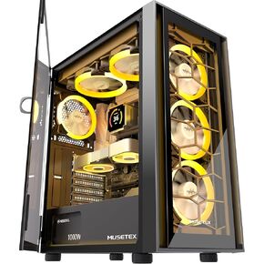 MUSETEX ATX PC Case, 6 PWM ARGB Fans Pre-Installed, Computer Case with Opening Tempered Glass Door, Mid Tower Gaming PC Case, USB 3.0 x 2, Black, G07-S6