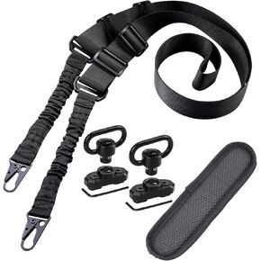 Two Point Traditional QD Sling Kit | Extra Long Adjustable Rifle 2 Point Sling + 2 Pack 360° Rotation Black 1.25" QD Sling Swivel Mounts for Mlock + Shoulder Pad