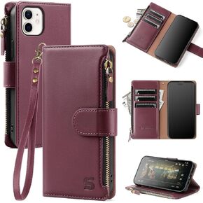 Compatible with iPhone 11 6.1" Wallet Case with Card Holder,Women Men RFID Blocking PU Leather Flip Cover Wrist Strap Zipper Credit Card Slots,Phone Case for Apple 11 6.1",Wine Red