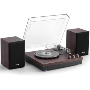 Record Player, 3 Speed Turntable with Two 15W External Speakers, Bluetooth Input, Aux-in, USB Playback& LP-MP3 Recording, Vintage Vinyl Player, Dark Brown Wood