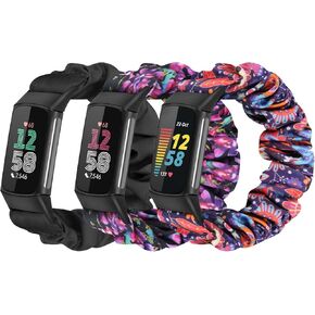 Elastic Scrunchie Band Compatible with Fitbit Charge 6 Bands/Fitbit Charge 5 Bands, Solo Loop Soft Cute Pattern Printed Fabric Cloth Scrunchy Replacement Wristband for Women Girls