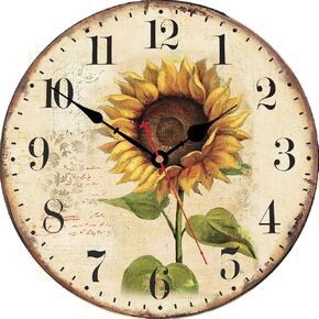 VIKMARI 14 Inch Wooden Wall Clock Art Hanging Clocks Silent Non-Ticking Wall Clock Battery Operated Round Home Flowers Style Arabic Numeral Decorative Wall Clocks in Kuwait