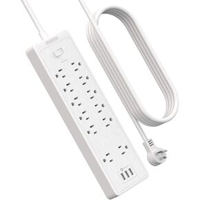 Extension Cord 25 Ft, NTONPOWER Long Surge Protector Power Strip with 12 Outlet 3 USB, 2100 Joules, 1875W/15A, Overload Protection, Flat Plug, Wall Mount for Home Office, Workbench, Garage, White