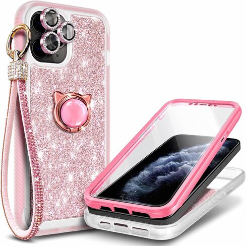 YZB متوافق مع جراب iPhone 11 Pro Max، حماية كاملة للجسم مع [واقي شاشة مدمج]/واقي عدسة الكاميرا/حزام معصم ماسي/حامل حلقي، جراب ممتص للصدمات (ذهبي وردي) in Kuwait