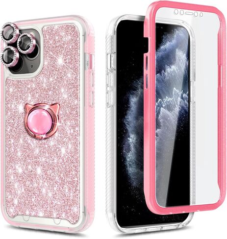 YZB متوافق مع جراب iPhone 11 Pro Max، حماية كاملة للجسم مع [واقي شاشة مدمج]/واقي عدسة الكاميرا/حزام معصم ماسي/حامل حلقي، جراب ممتص للصدمات (ذهبي وردي) in Kuwait