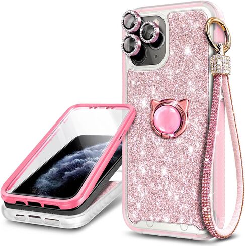 YZB متوافق مع جراب iPhone 11 Pro Max، حماية كاملة للجسم مع [واقي شاشة مدمج]/واقي عدسة الكاميرا/حزام معصم ماسي/حامل حلقي، جراب ممتص للصدمات (ذهبي وردي) in Kuwait