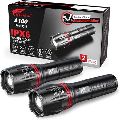 HAUSBELL LED Flashlight High Lumens,Bright, Zoomable, Waterproof, Powerful, Emergency Tactical A100 LED Flashlights for Home and 5 Modes, Flashlight for Camping Gear、Hiking、Walking（2Pack） in Saudi Arabia