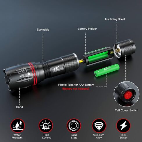 HAUSBELL LED Flashlight High Lumens,Bright, Zoomable, Waterproof, Powerful, Emergency Tactical A100 LED Flashlights for Home and 5 Modes, Flashlight for Camping Gear、Hiking、Walking（2Pack） in Saudi Arabia