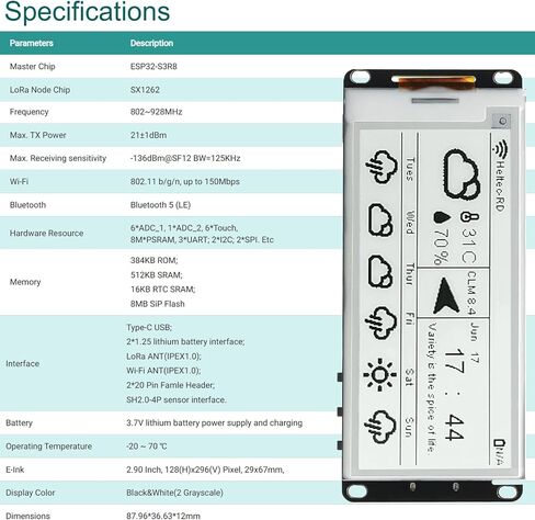 Vision Master E290 Development Board with 2.9" E-Ink Display Screen, SX1262 Chip BLE WiFi ESP32-S3R8 LoRa Module Compatible with Arduino PlatformIO Micpython Meshtastic Raspberry PI IoT（902-928MHz in Saudi Arabia
