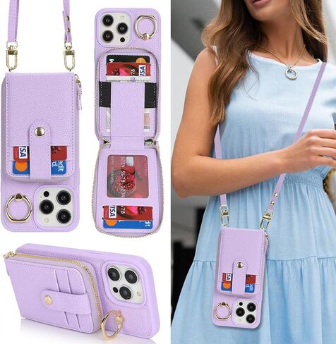 for iPhone 13 Pro Max Case with Card Holder for Women,for iPhone 13 Pro Max Crsosbody Case with Strap Lanyard,12 Pro Max Wallet Case,Zipper Stand Ring Phone Case with Coin Pocket-Beige in Kuwait