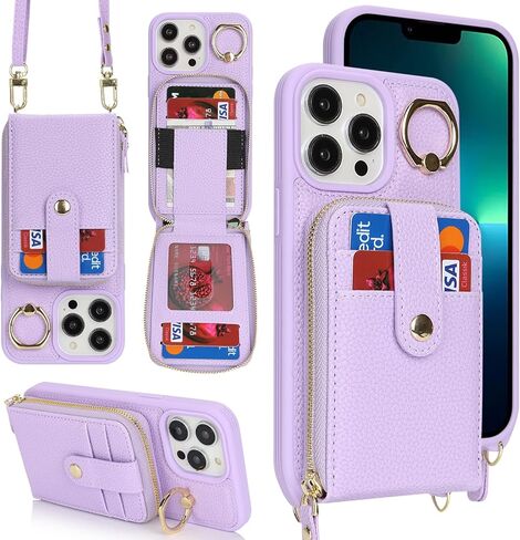 for iPhone 13 Pro Max Case with Card Holder for Women,for iPhone 13 Pro Max Crsosbody Case with Strap Lanyard,12 Pro Max Wallet Case,Zipper Stand Ring Phone Case with Coin Pocket-Beige in Kuwait