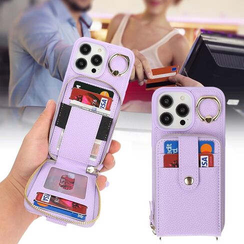 for iPhone 13 Pro Max Case with Card Holder for Women,for iPhone 13 Pro Max Crsosbody Case with Strap Lanyard,12 Pro Max Wallet Case,Zipper Stand Ring Phone Case with Coin Pocket-Beige in Kuwait