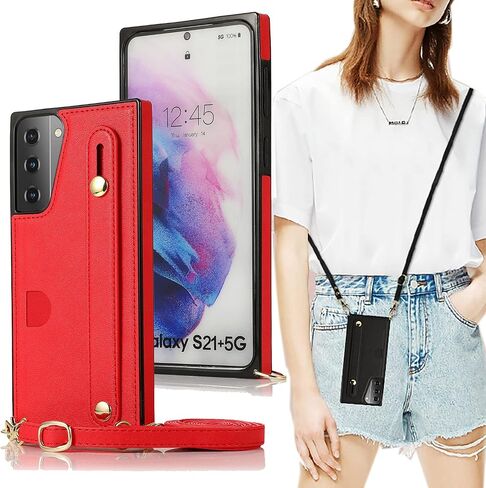 Samsung Galaxy S21 Wallet Case,CCSmall Removable Adjustable Leather Strap Crossbody Card Holders Case Neck Strap Lanyard Purse Shoulder Strap w/Kickstand Purse Case for Samsung Galaxy S21 5G KB Black in Saudi Arabia