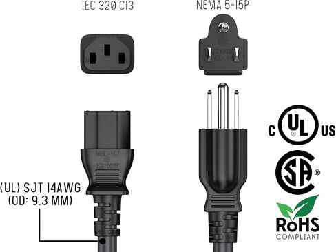 CableLeader 1.5ft 18 AWG سلك طاقة عالمي IEC320 C13 إلى NEMA 5-15P، سلك طاقة تمديد، متوافق مع أجهزة الكمبيوتر والشاشات والطابعات وأجهزة التلفزيون، أسود in Saudi Arabia
