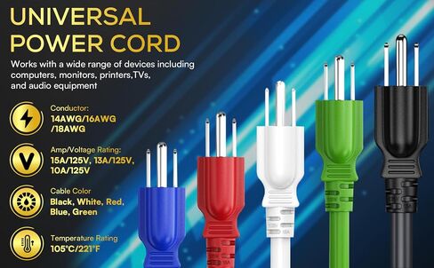 CableLeader 1.5ft 18 AWG سلك طاقة عالمي IEC320 C13 إلى NEMA 5-15P، سلك طاقة تمديد، متوافق مع أجهزة الكمبيوتر والشاشات والطابعات وأجهزة التلفزيون، أسود in Saudi Arabia